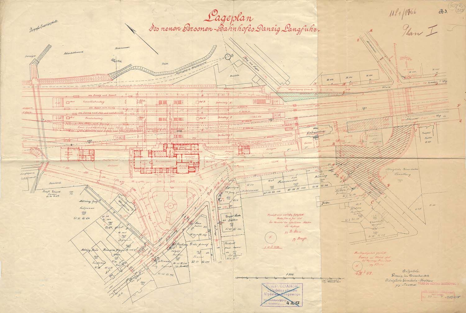 Instytut Langfuhr – Plan dworca i okolic z 1914 roku / źródło: Archiwum Państwowe 1914